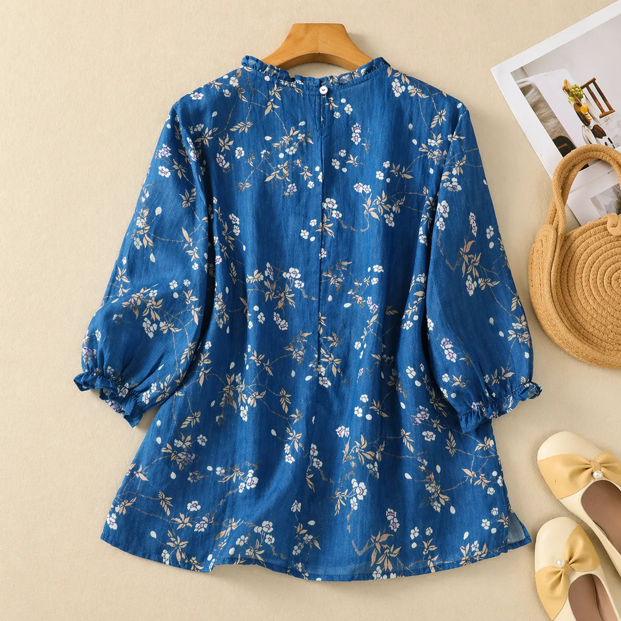 Pure Cotton Women’s Floral Printed Frill Neck Top