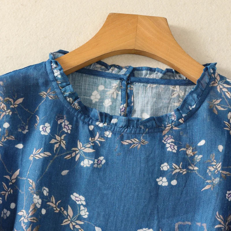 Pure Cotton Women’s Floral Printed Frill Neck Top