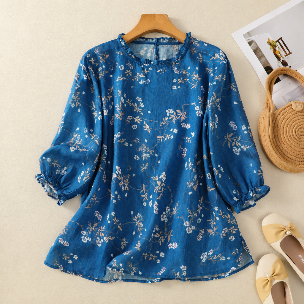Pure Cotton Women’s Floral Printed Frill Neck Top