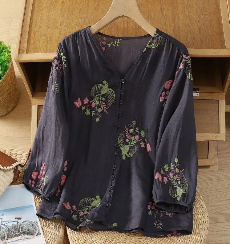 Pure Cotton Women’s Embroidered Button Front Top