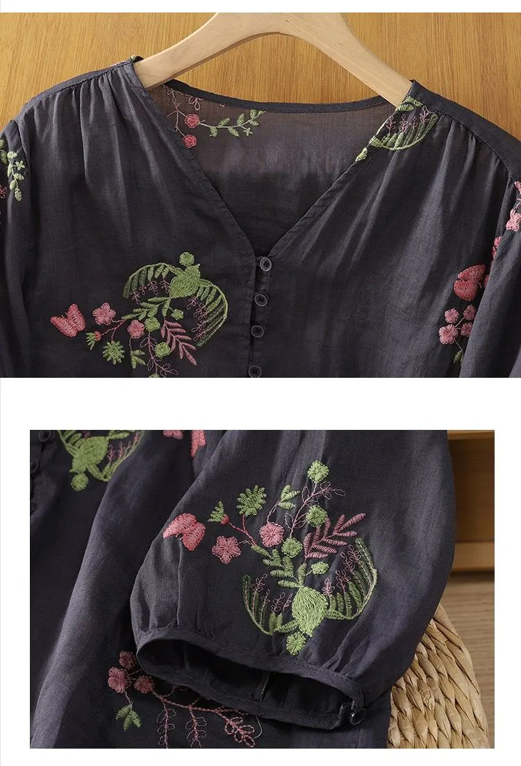 Pure Cotton Women’s Embroidered Button Front Top
