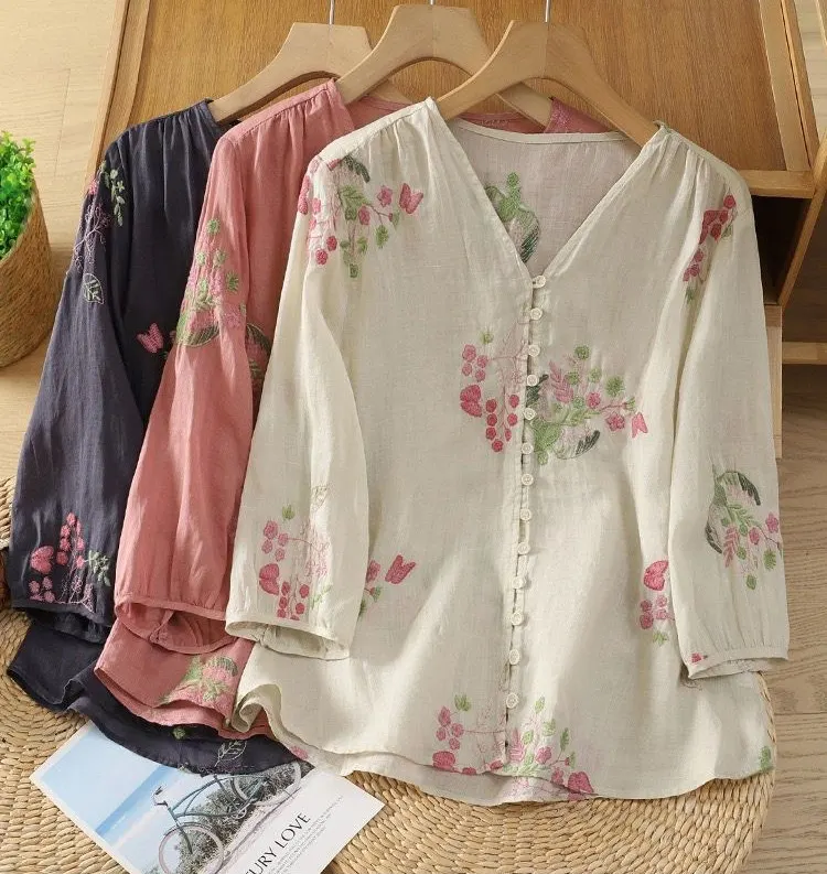 Pure Cotton Women’s Embroidered Button Front Top