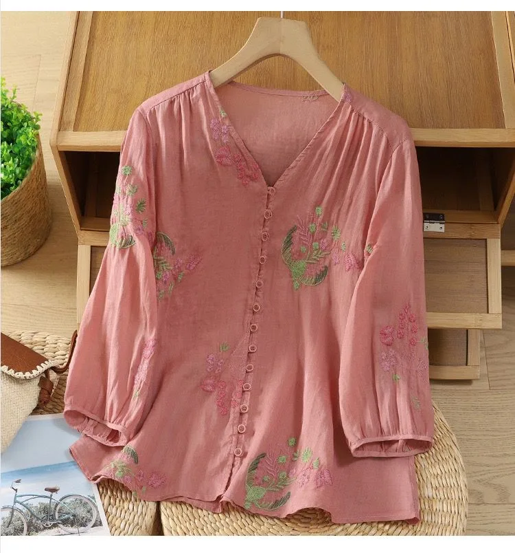 Pure Cotton Women’s Embroidered Button Front Top