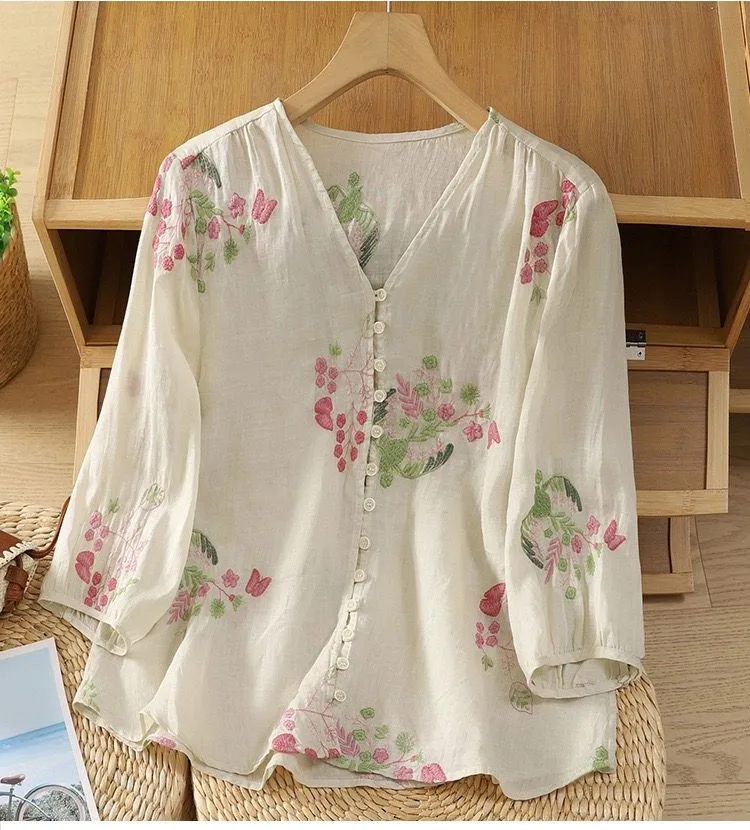 Pure Cotton Women’s Embroidered Button Front Top