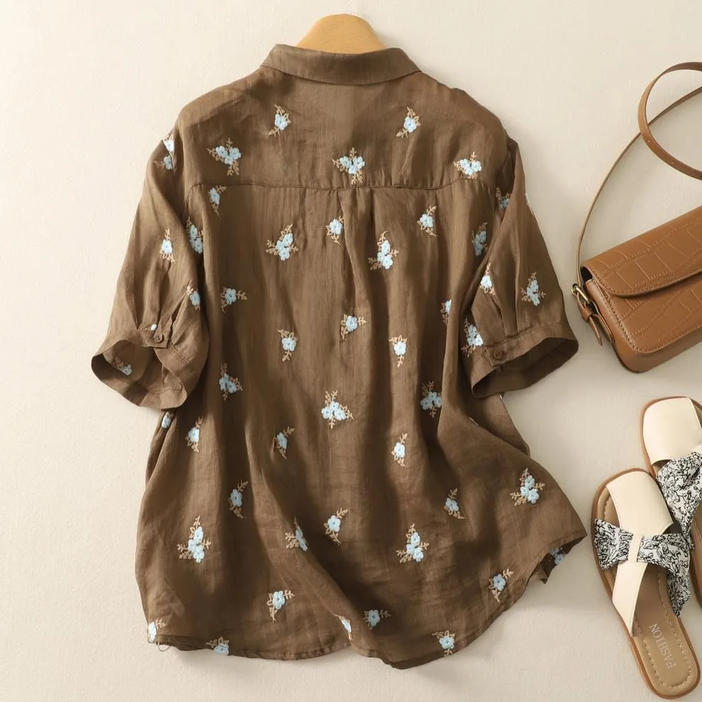 Pure Cotton Women’s Floral Embroidered Collared Shirt
