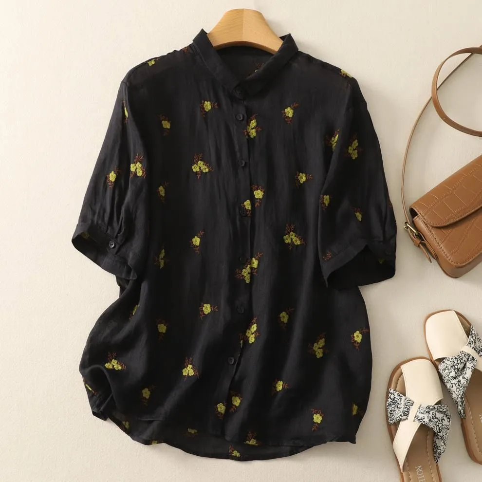 Pure Cotton Women’s Floral Embroidered Collared Shirt