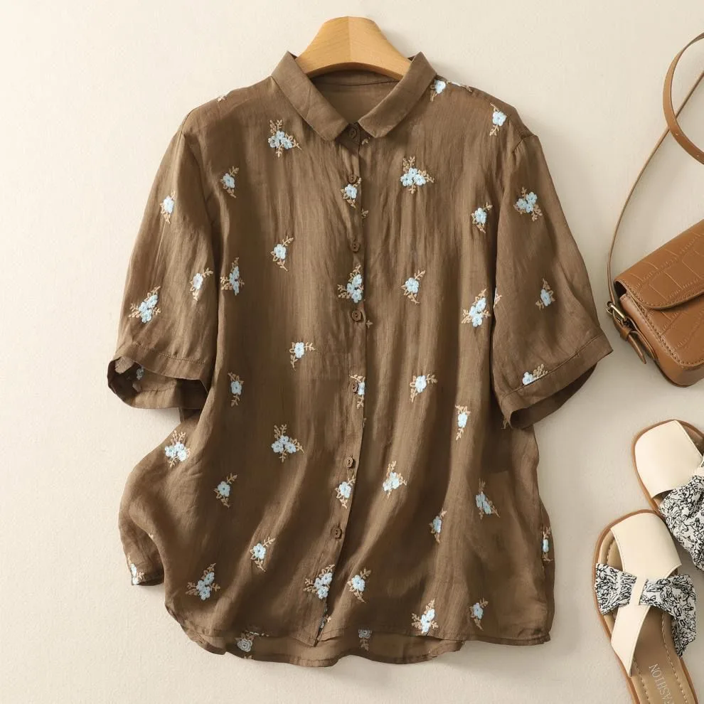 Pure Cotton Women’s Floral Embroidered Collared Shirt