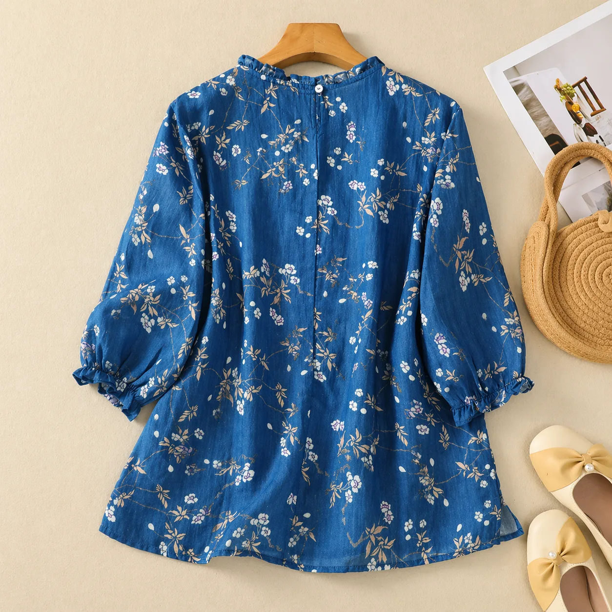 Pure Cotton Women’s Floral Printed Frill Neck Top