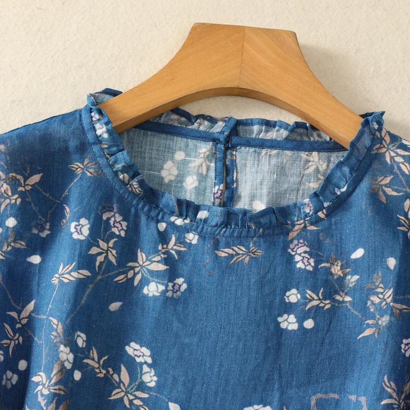 Pure Cotton Women’s Floral Printed Frill Neck Top