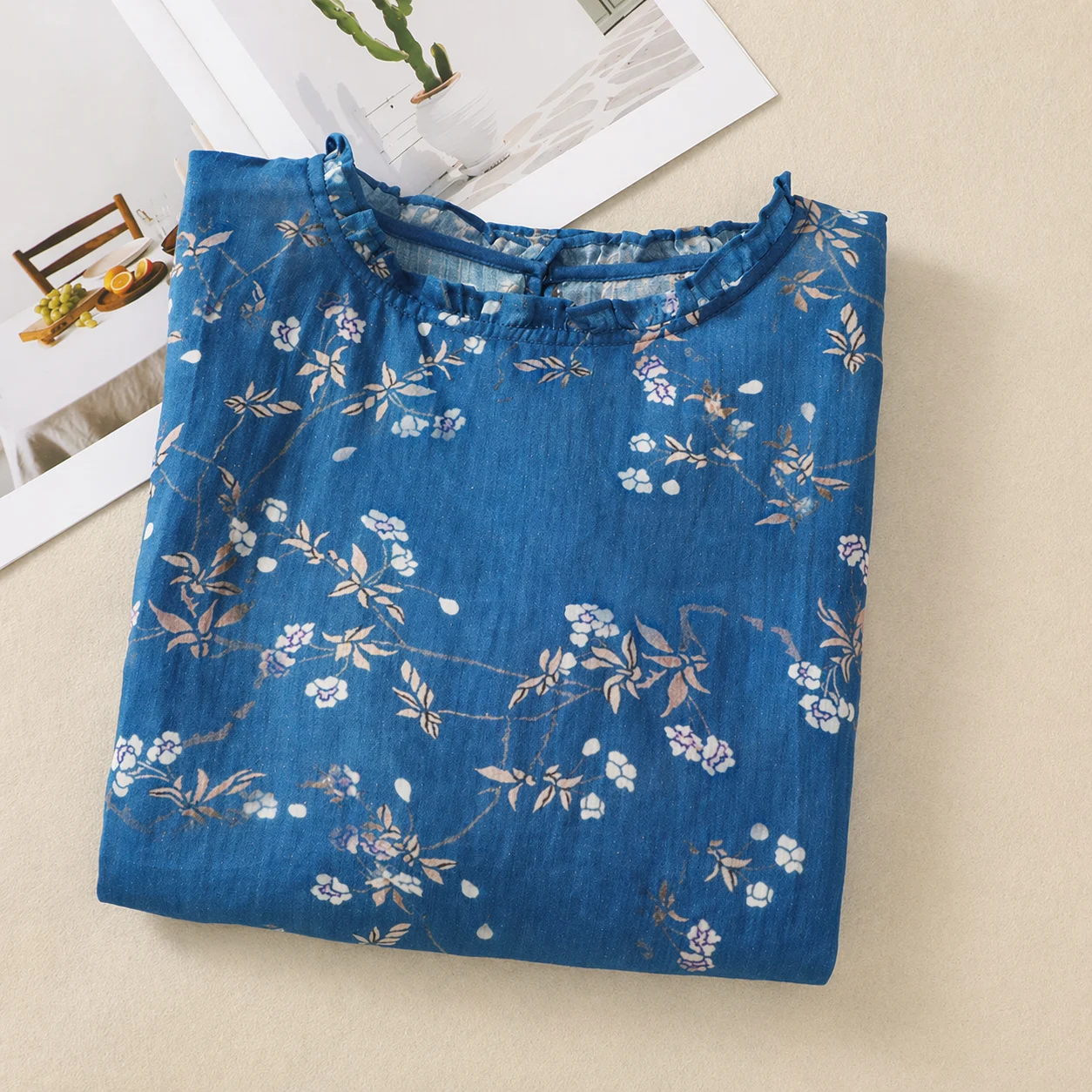 Pure Cotton Women’s Floral Printed Frill Neck Top
