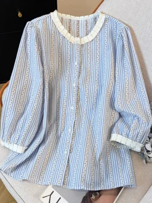 Women’s Striped Printed Round Neck Top – Casual Cotton Wear