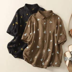 Women’s Floral Embroidered Collared Top – Soft Cotton Casual Shirt
